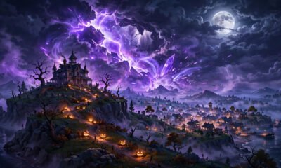 Fortnite v42.40 update - Fortnitemares island at night with a glowing rift in the sky