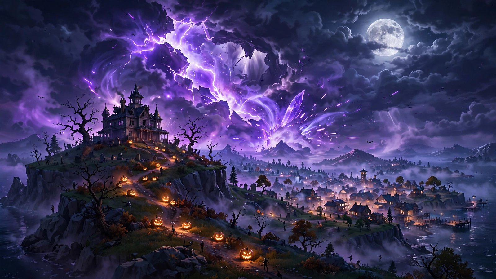 Fortnite v42.40 update - Fortnitemares island at night with a glowing rift in the sky