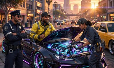 GTA 5 mods and FiveM RP - roleplay city street scene with customized cars in a Los Santos style downtown