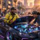 GTA 5 mods and FiveM RP - roleplay city street scene with customized cars in a Los Santos style downtown