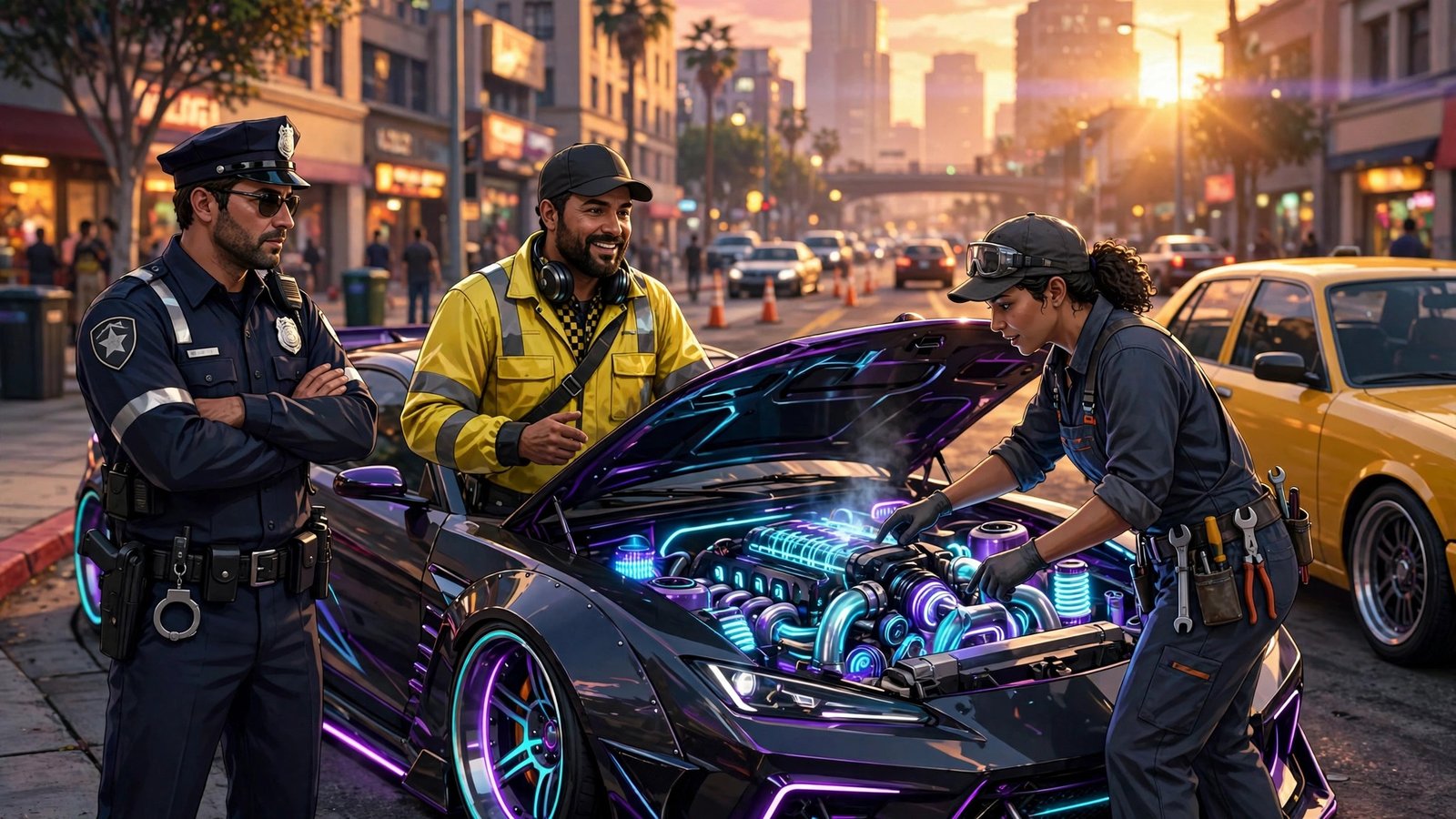 GTA 5 mods and FiveM RP - roleplay city street scene with customized cars in a Los Santos style downtown