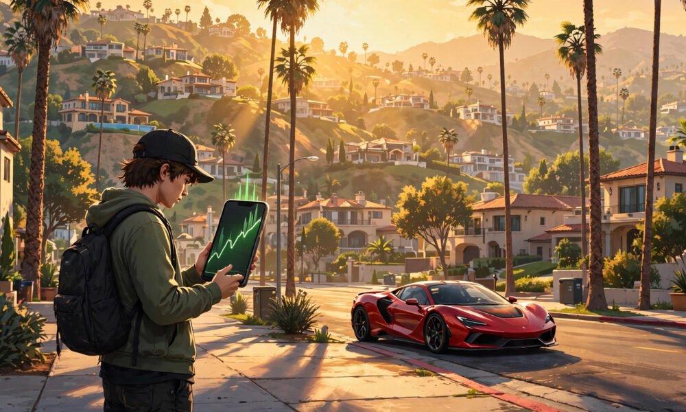 GTA 5 money cheat - player checking a rising stock graph on his phone in Los Santos