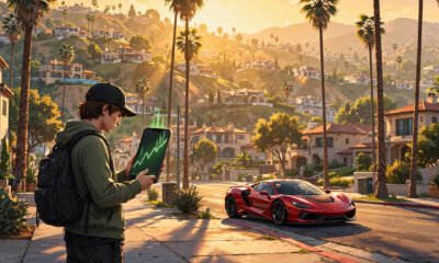 GTA 5 money cheat - player checking a rising stock graph on his phone in Los Santos