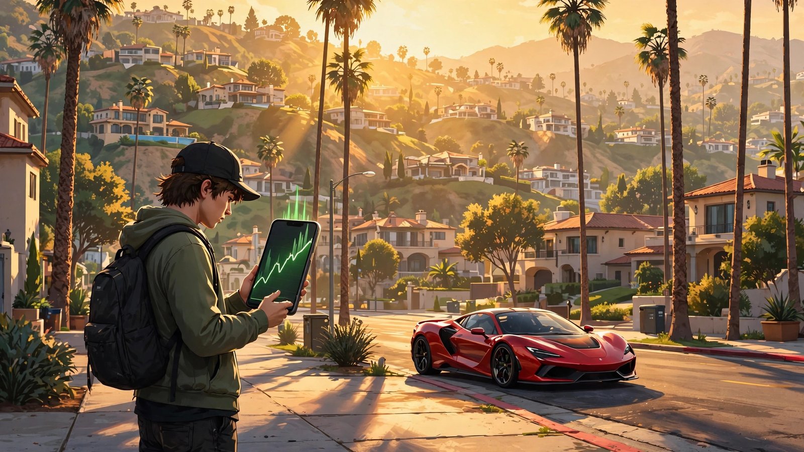 GTA 5 money cheat - player checking a rising stock graph on his phone in Los Santos
