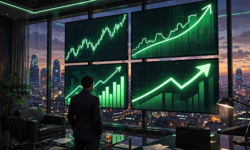 GTA 5 stock market guide - character watching rising stock charts in a Los Santos office