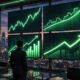 GTA 5 stock market guide - character watching rising stock charts in a Los Santos office