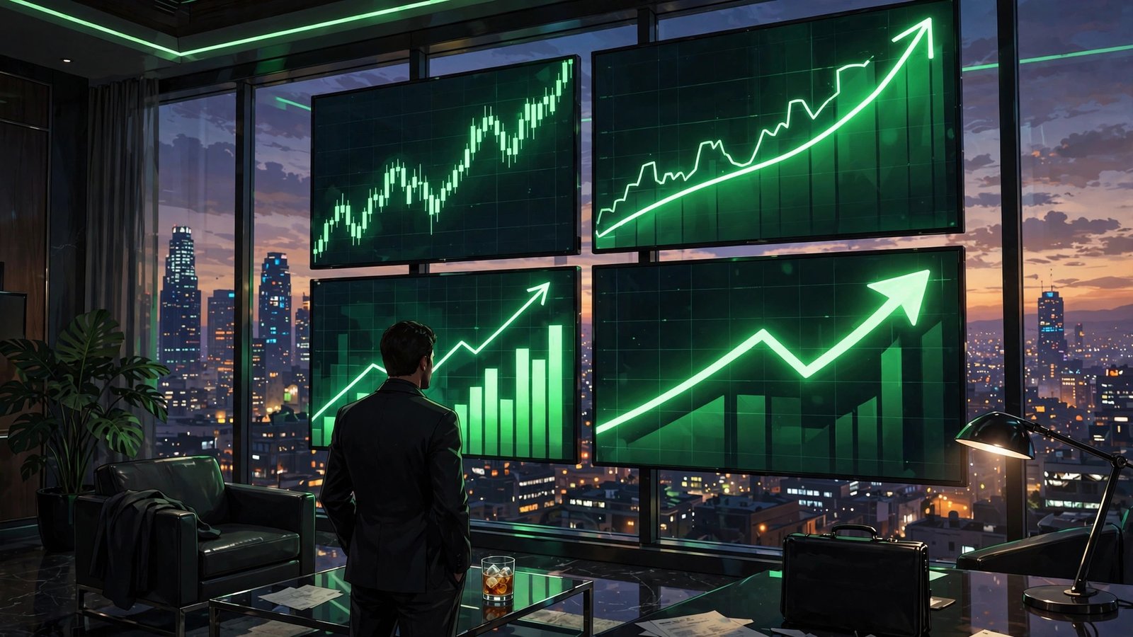 GTA 5 stock market guide - character watching rising stock charts in a Los Santos office