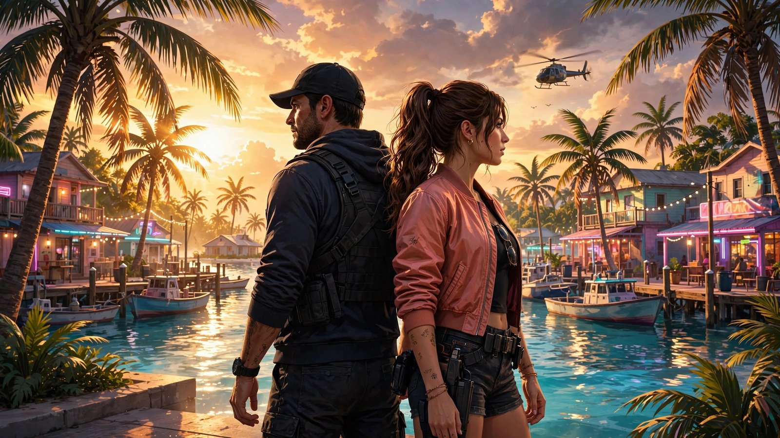 GTA 6 launch trailer artwork, Jason and Lucia in Leonida at sunset