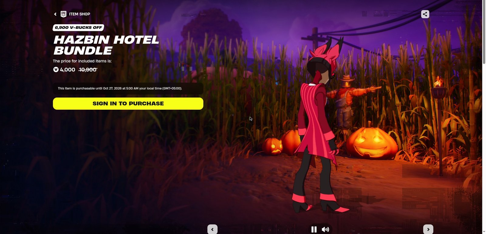 Hazbin Hotel Bundle in the Fortnite Item Shop showing Alastor, 4,000 V-Bucks