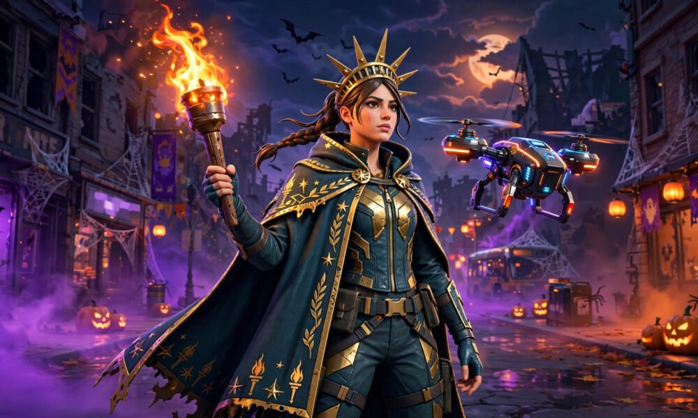 Lady Liberty Fortnite skin from The Purge holding her torch with the Purge Drone in a Fortnitemares street