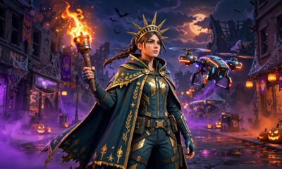 Lady Liberty Fortnite skin from The Purge holding her torch with the Purge Drone in a Fortnitemares street