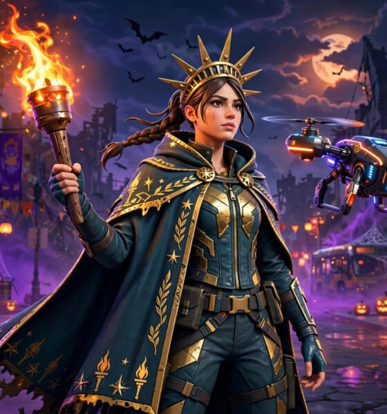 Lady Liberty Fortnite skin from The Purge holding her torch with the Purge Drone in a Fortnitemares street