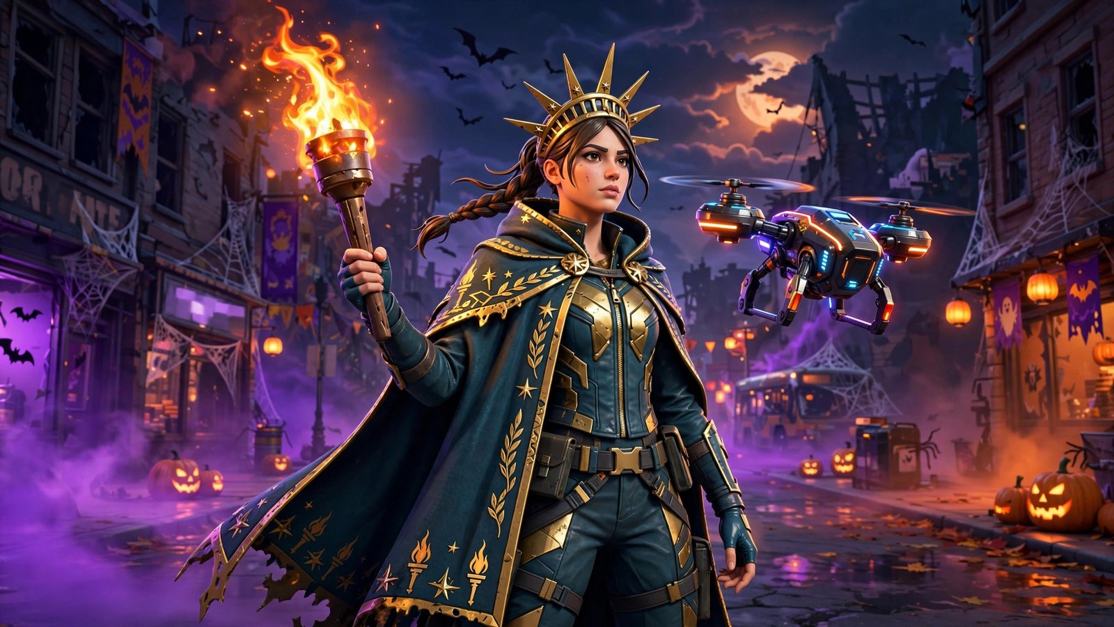 Lady Liberty Fortnite skin from The Purge holding her torch with the Purge Drone in a Fortnitemares street